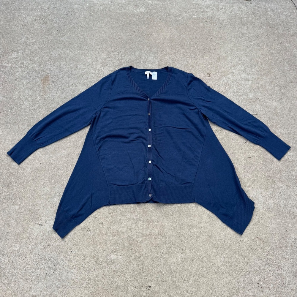 LOGO Lori Goldstein Navy Blue Cotton Cashmere Sharkbite Cardigan Sweater XL